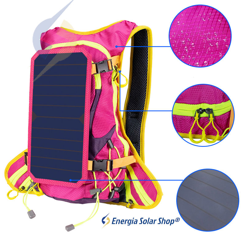 Miniatura: Mochila Rosa Energia Solar USB Para Carregar Telefone Móvel Ao Ar Livre