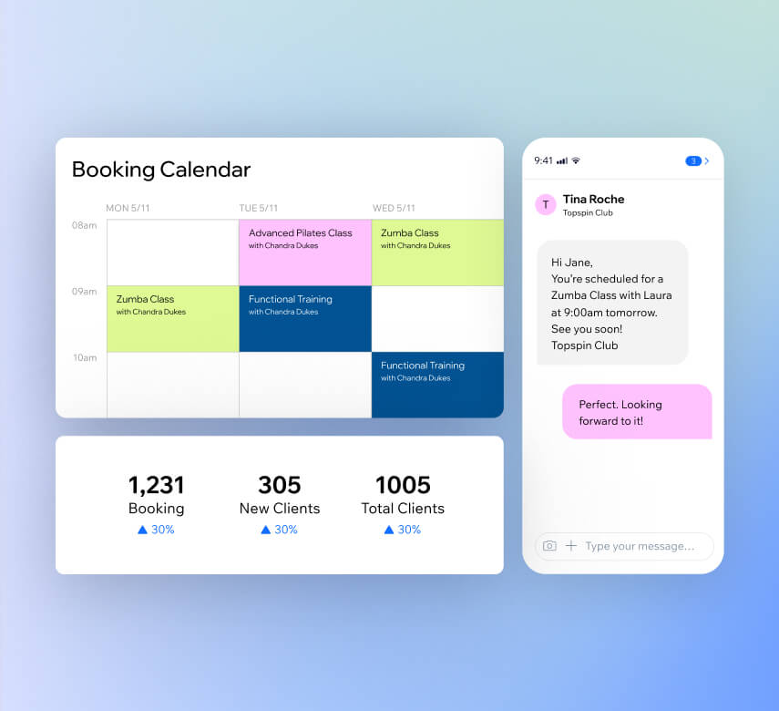Fitness studio booking calendar with class schedules, automated client messaging, and growth metrics showing 1,231 bookings and 1,005 total clients up 30%