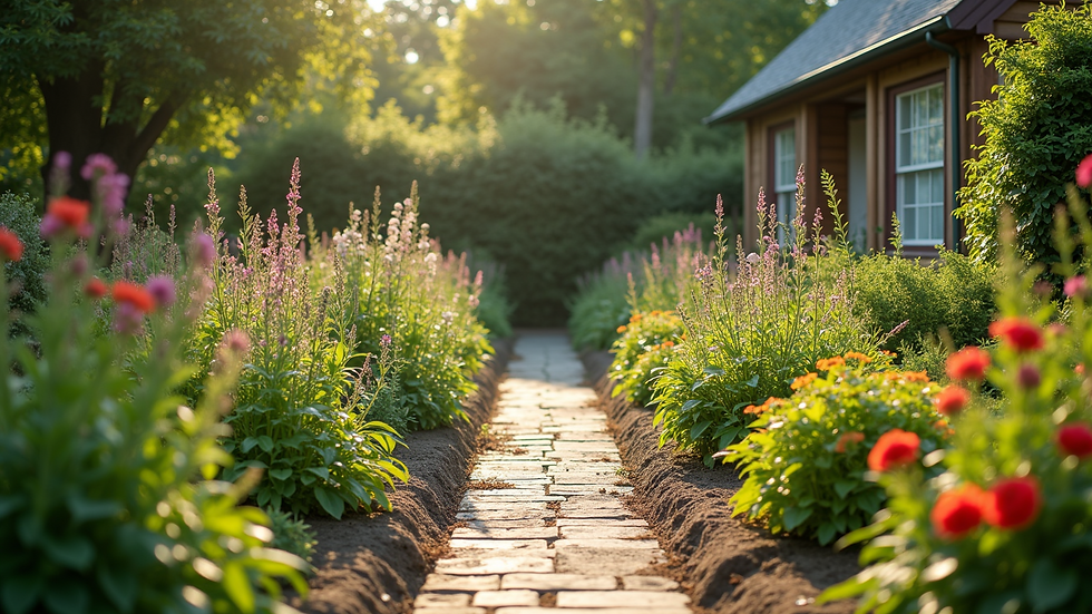 Wide angle view of a community garden filled with various plants and flowers