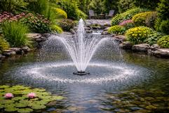 Garden pond with fountain using pond pumps, filters and accessories supplied by Suttons Ross in Ross-on-Wye