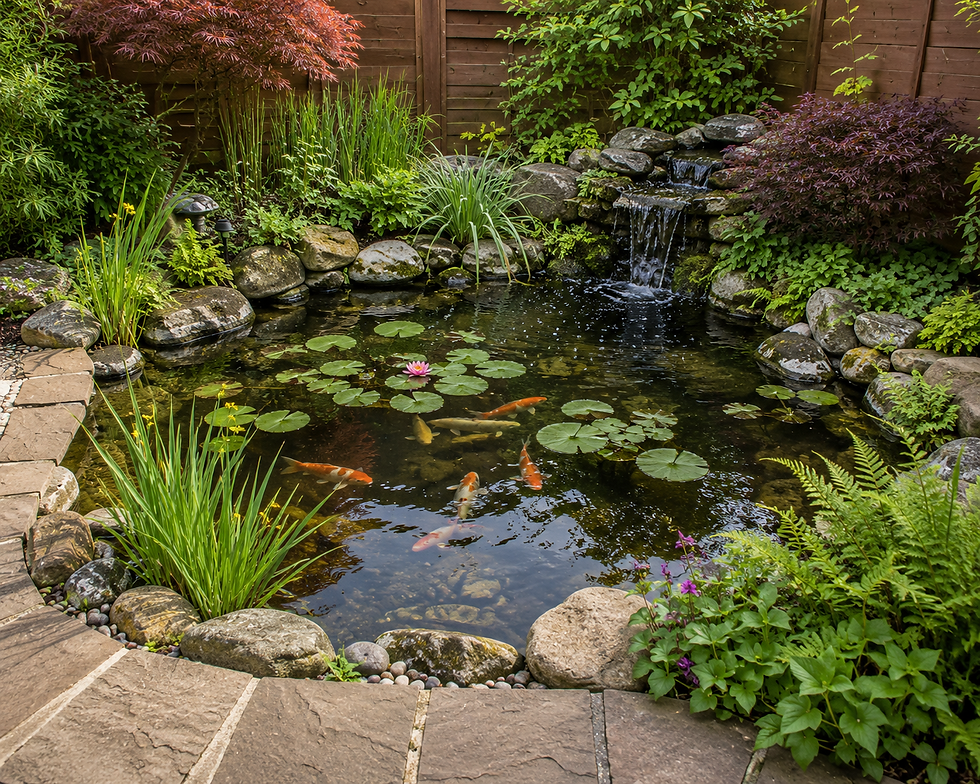 A serene garden pond in the UK showcases colourful koi fish, water lilies, and a soft waterfall, all encircled by rich greenery.