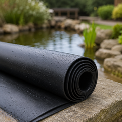 Black pond liner product shot with garden pond background