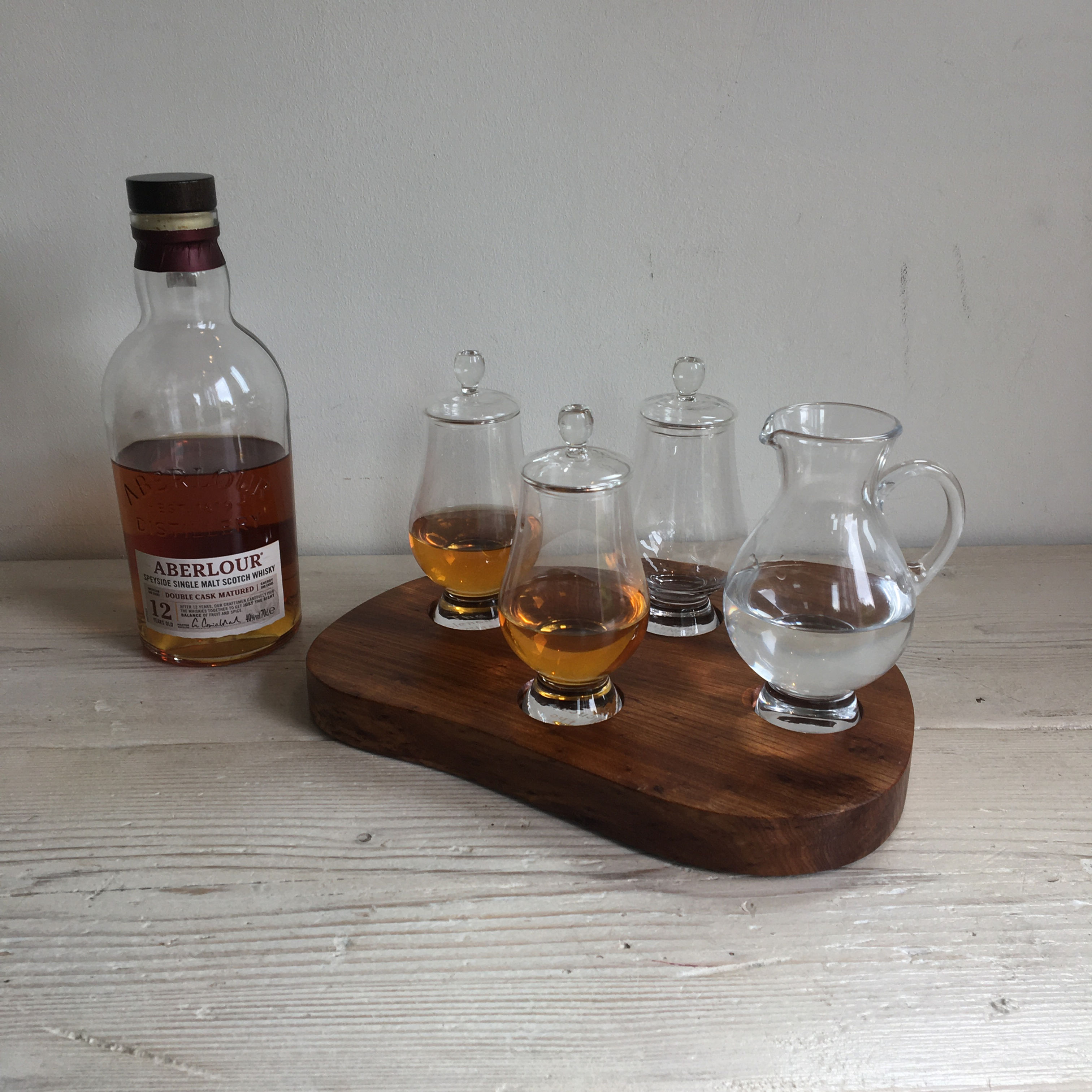 Drinks tray in Elm for Glencairn whisky glasses and water jug (478)