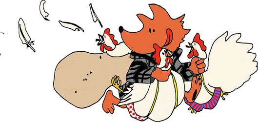 Mr Fox running with his loot of fat chickens