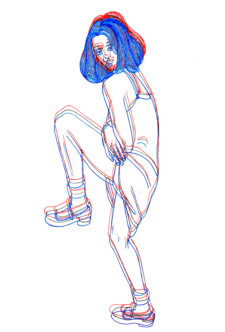 GIF animation of a girl in blue, black and red