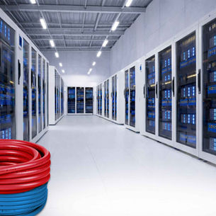 Liquatite flexible conduit protecting PDU whips inside an AI data center build