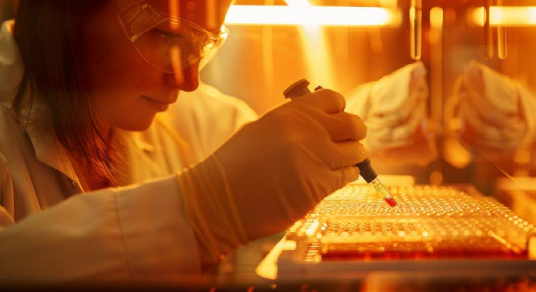 A lab technician pipetting samples under amber LBI Palette lighting