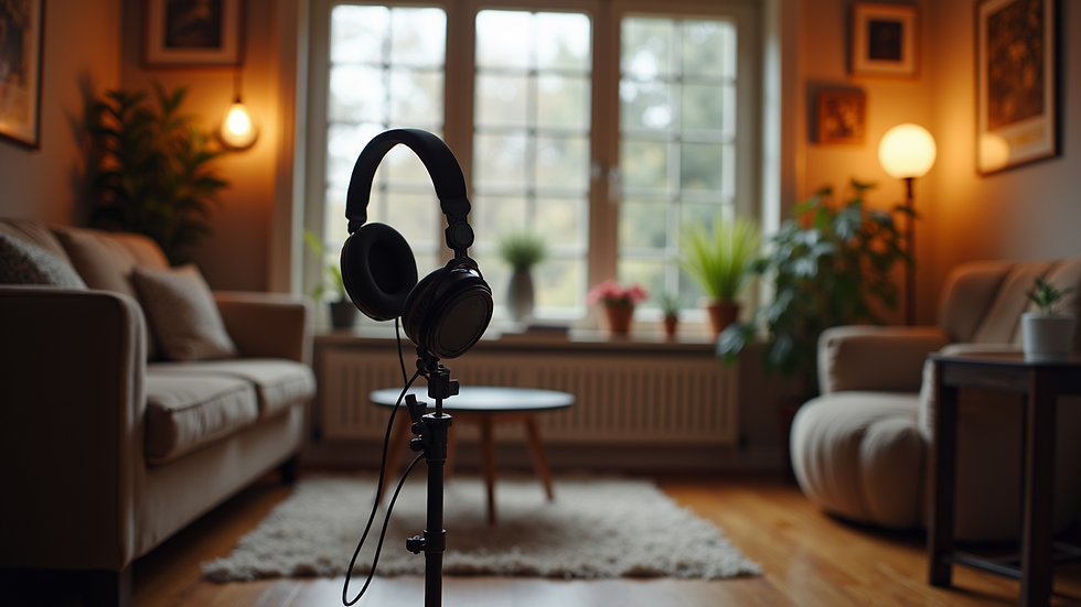 Wide angle view of a cozy podcasting studio