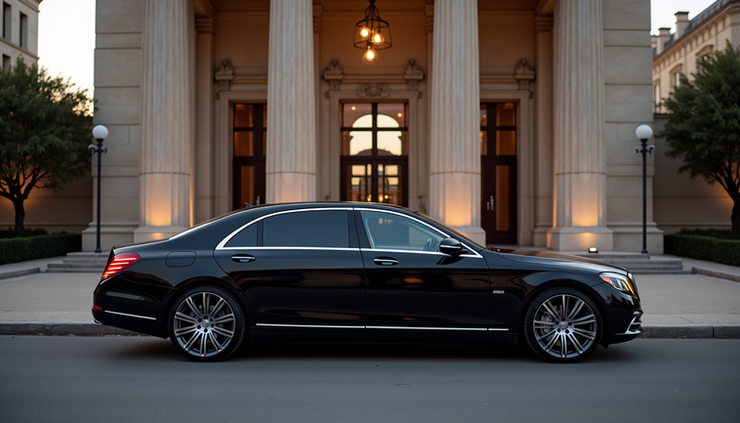 Eye-level view of a sleek black luxury sedan parked outside the Grand Palais in Paris during a calm evening, showcasing discreet and elegant chauffeur service