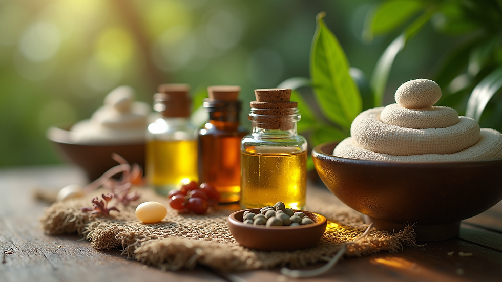 Close-up view of aromatic oils and herbal ingredients used in Balinese massage