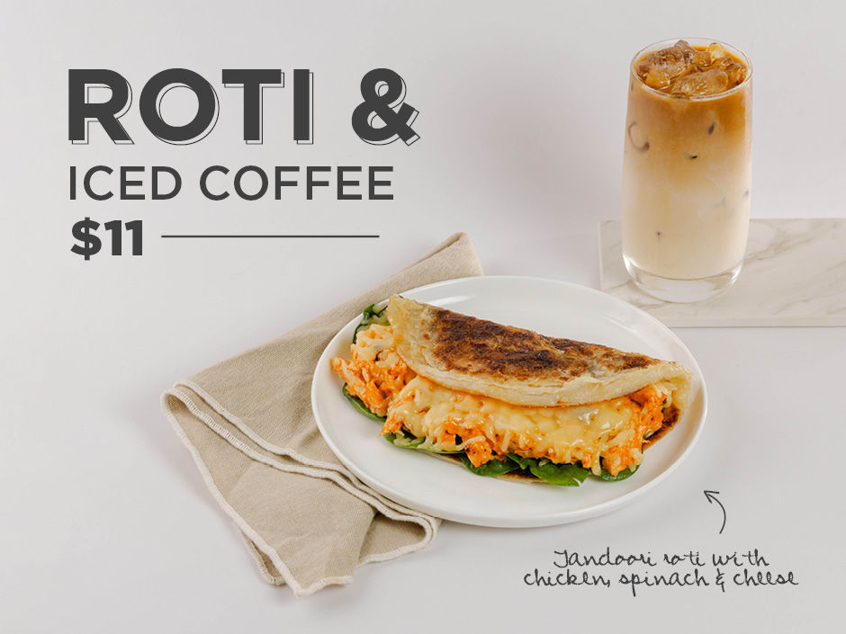 Tandoori Chicken Roti + Iced Coffee $12