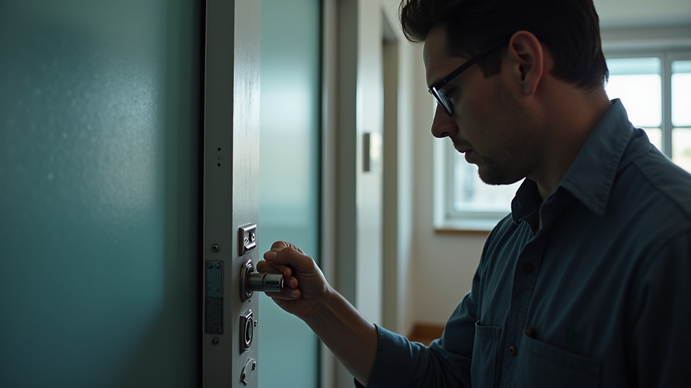 Eye-level view of a locksmith installing a commercial panic bar on a door
