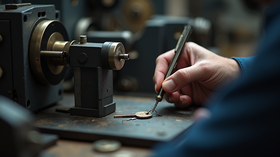 Close-up view of a locksmith using a key cutting machine