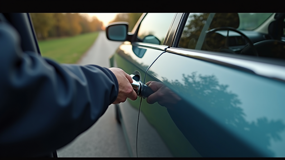 High angle view of a locksmith unlocking a car door