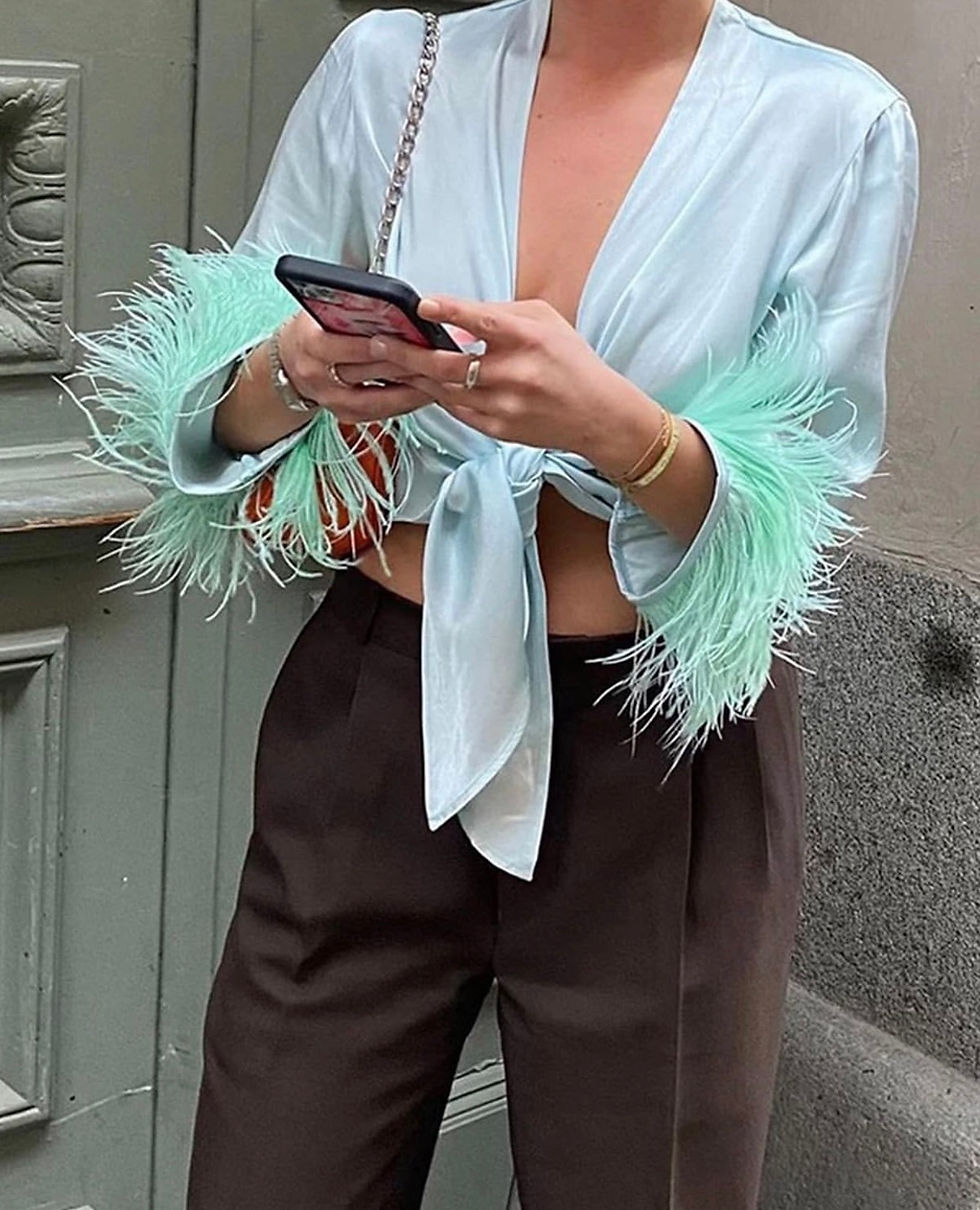 Thumbnail: V neck ruffle feather crop top 