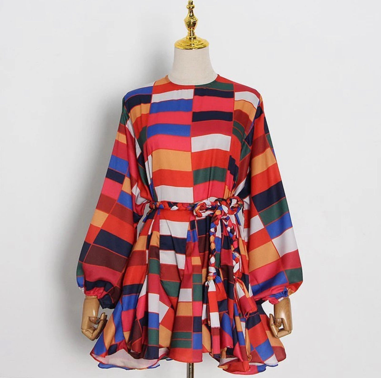 O neck long lantern sleeve dress 