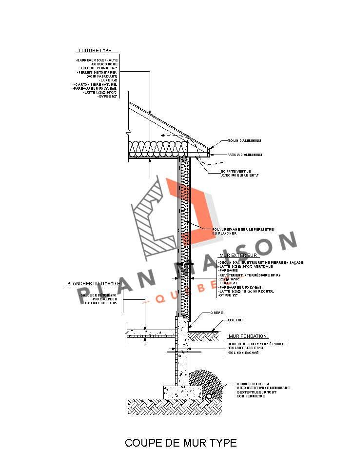 Extension maison avec garage - Plan de coupe de mur type