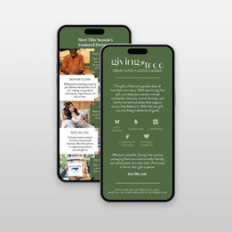 Two smartphones displaying the Giving Tree app, featuring product information and brand mission