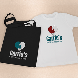 Black tote bag and white t-shirt with Carrie's Feline Rescue logo.

Text below image reads "retired logo."