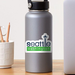 Water bottle with Seattle Washington sticker featuring Space Needle