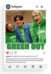 Instagram post: friends in green for St. Paddy's Day, text GREEN OUT