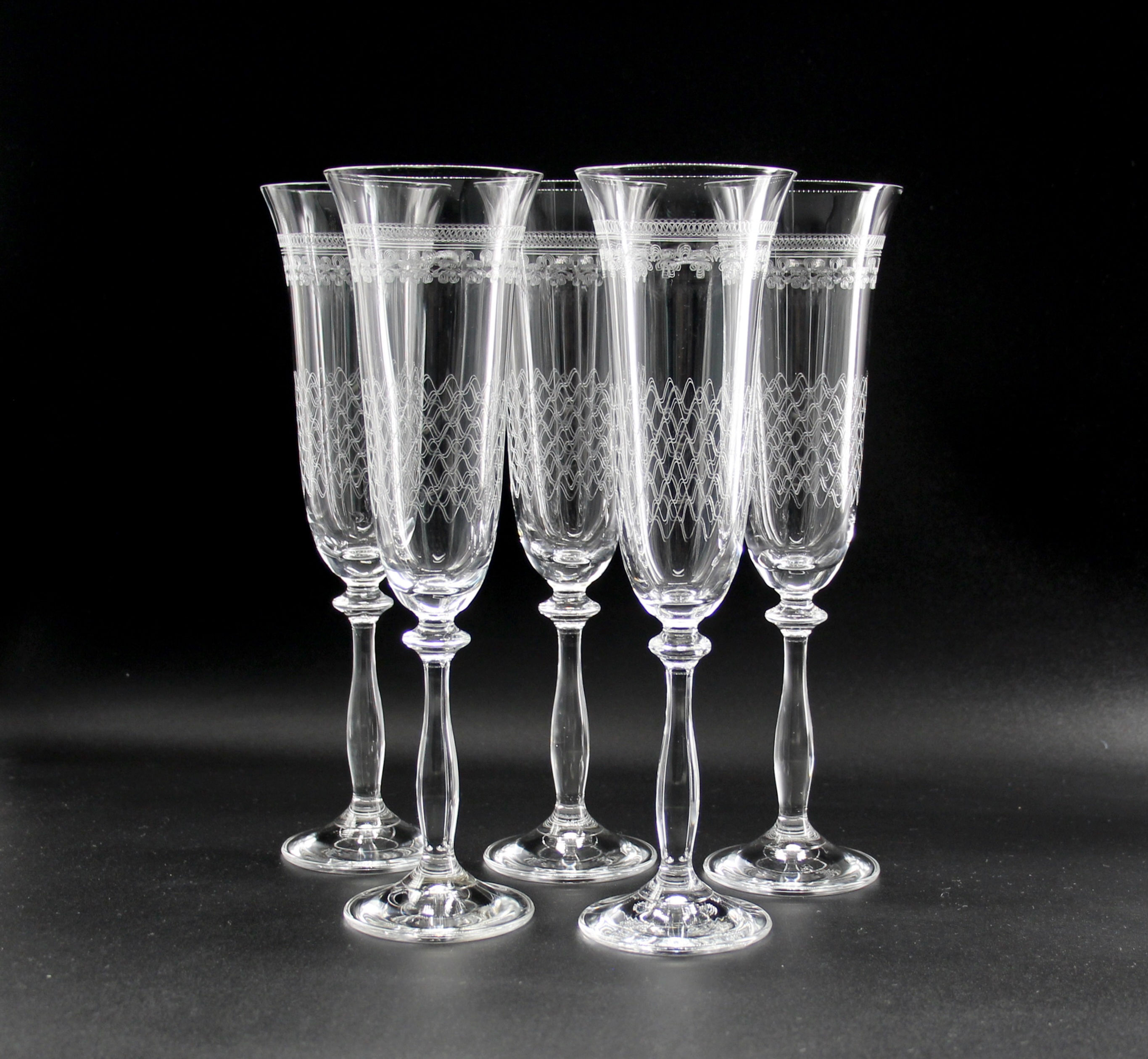Set of Five Czech BOHEMIA Crystal Etched Champagne Flutes