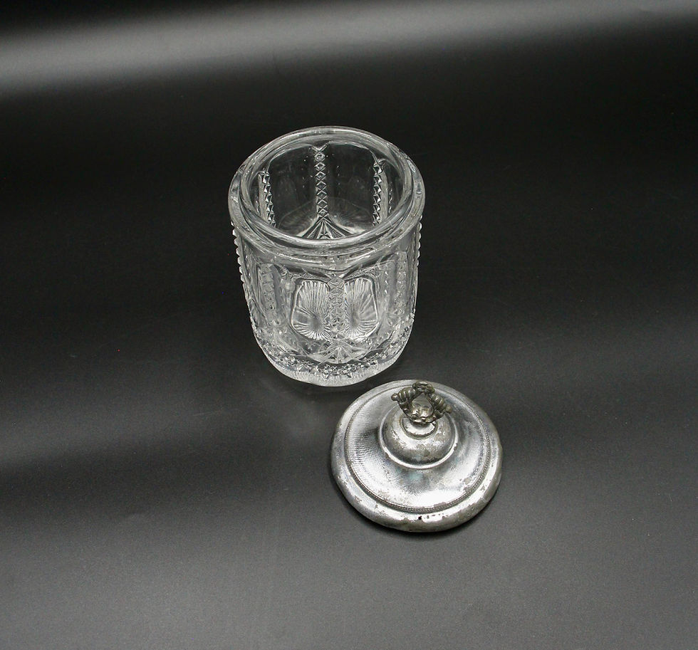 Thumbnail: Antique Britannia Metal and Moulded Glass Lidded Jar with Finial