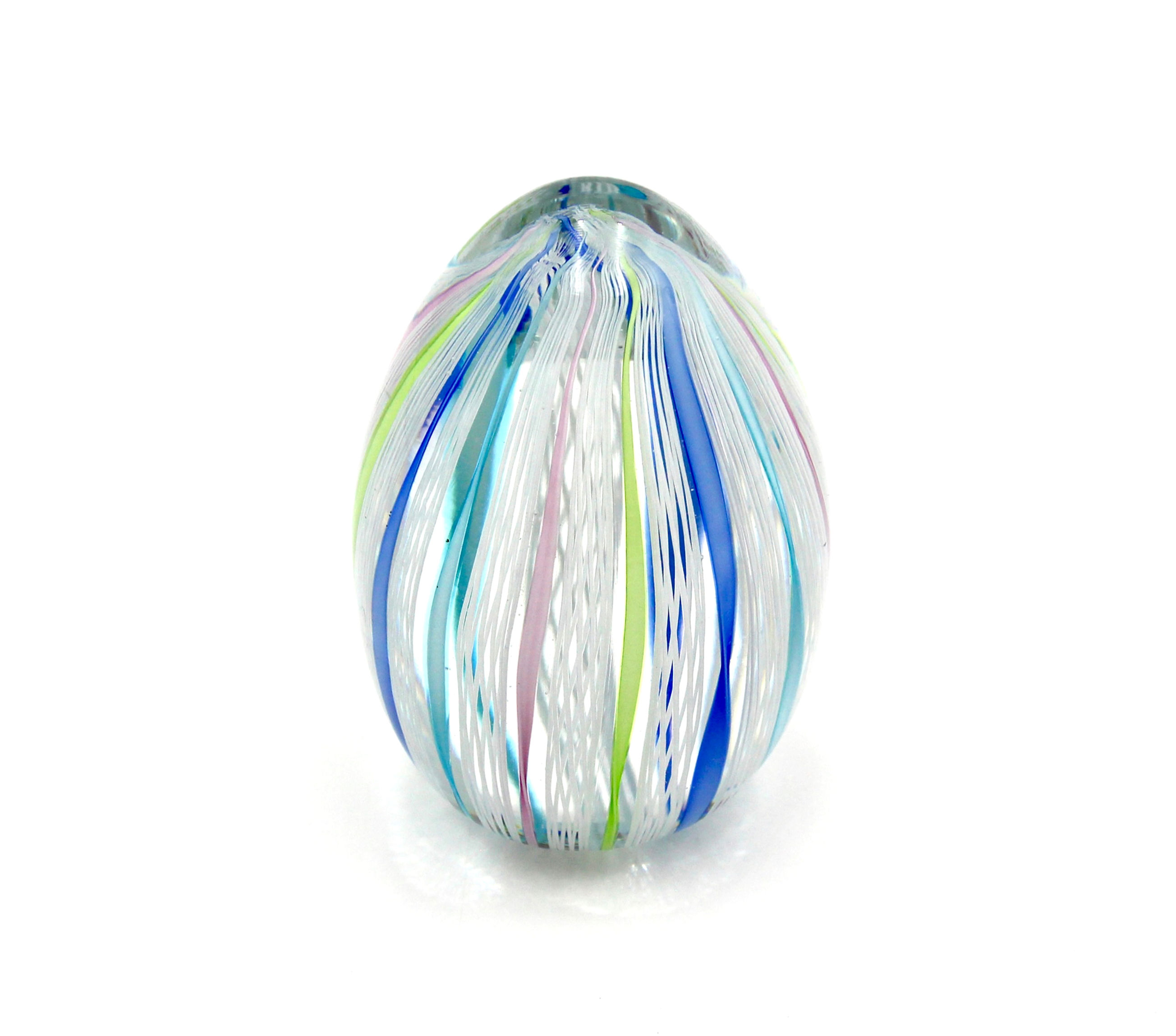 Art Glass Egg Shaped Latticino/Ribbon Design Paperweight