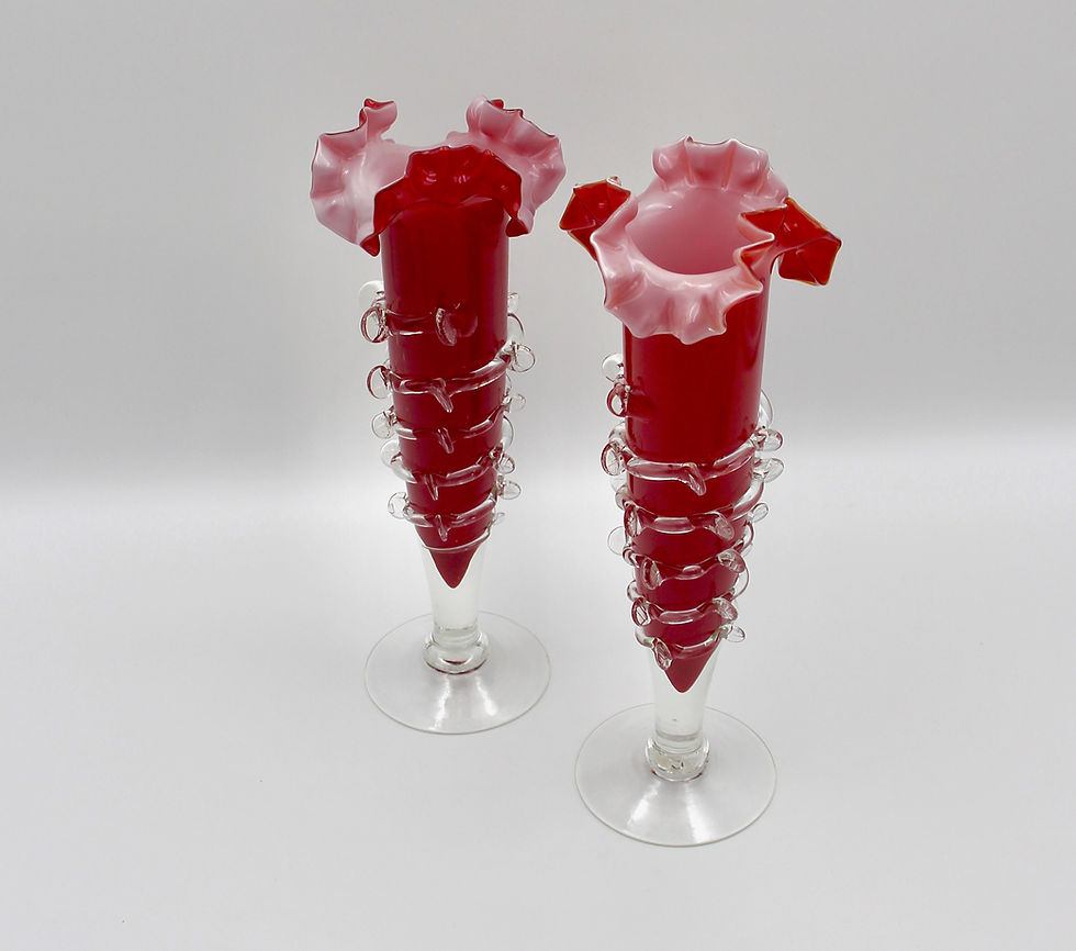 Thumbnail: Vintage Red Cased Art Glass Vases with Ruffled Rim - price per vase