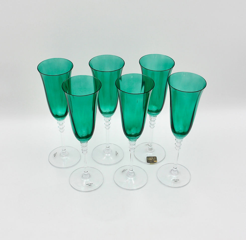 Thumbnail: 6 Handblown Vintage MIKASA 'Sonnet' Emerald Green Optic Champagne Flutes