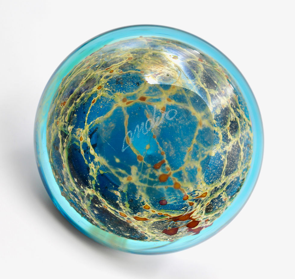 Thumbnail: Small Vintage Signed MDINA Glass of Malta "Blue Crizzle" Squat Vase - 5.5cm