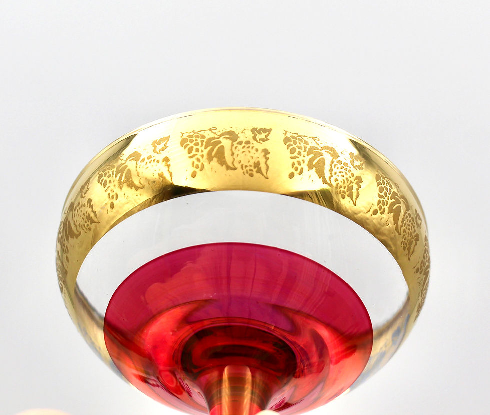 Thumbnail: 6 Vintage Cranberry Champagne Coupes with Gilt Grape & Vine Border