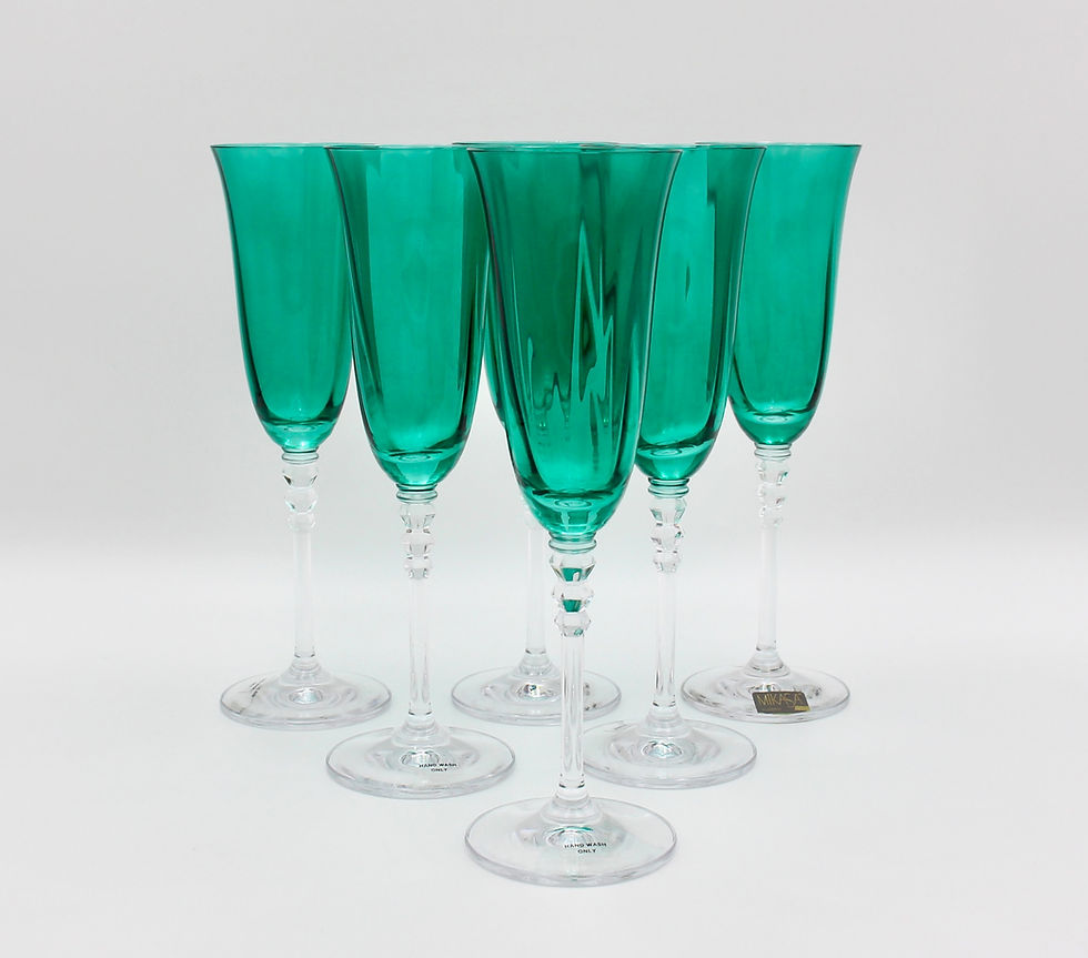 Thumbnail: 6 Handblown Vintage MIKASA 'Sonnet' Emerald Green Optic Champagne Flutes