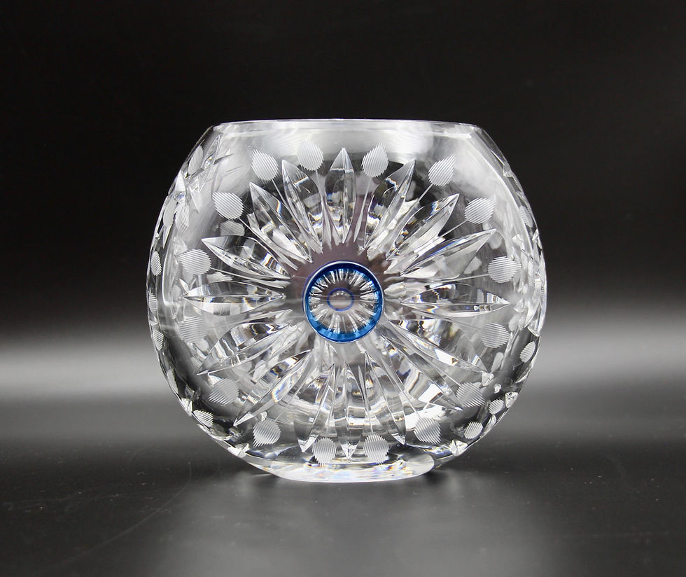 Thumbnail: Vintage Handblown Cut Crystal Vase with Blue Centre Detail