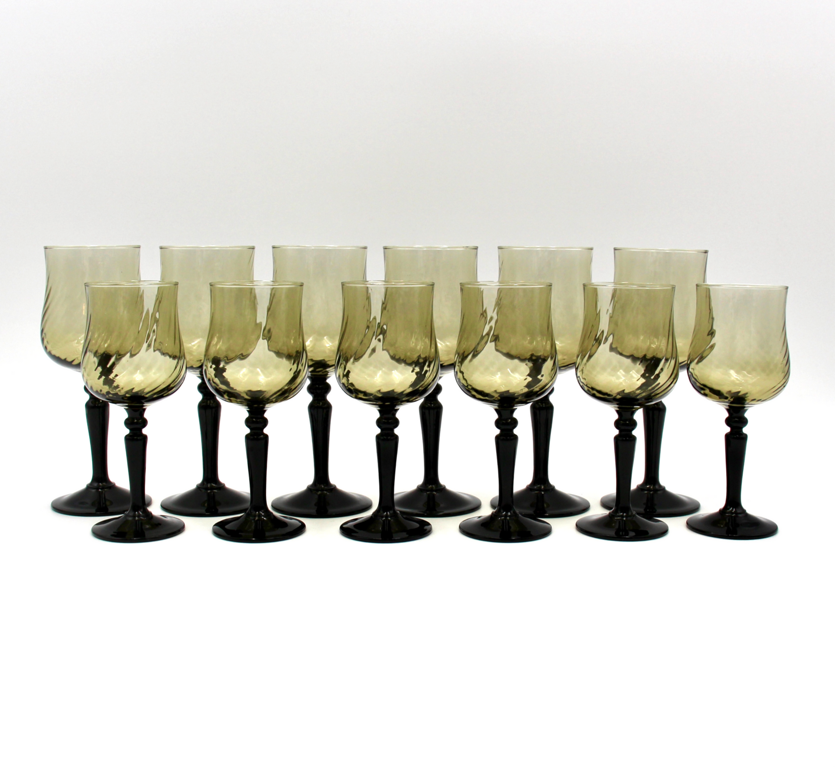 12 French LUMINARC Optic Swirl Black Stem Wine Glasses circa 1970's