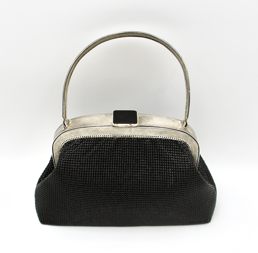 Thumbnail: Vintage OROTON Black Mesh Handbag with Silver & Black Enamel Swing Handle