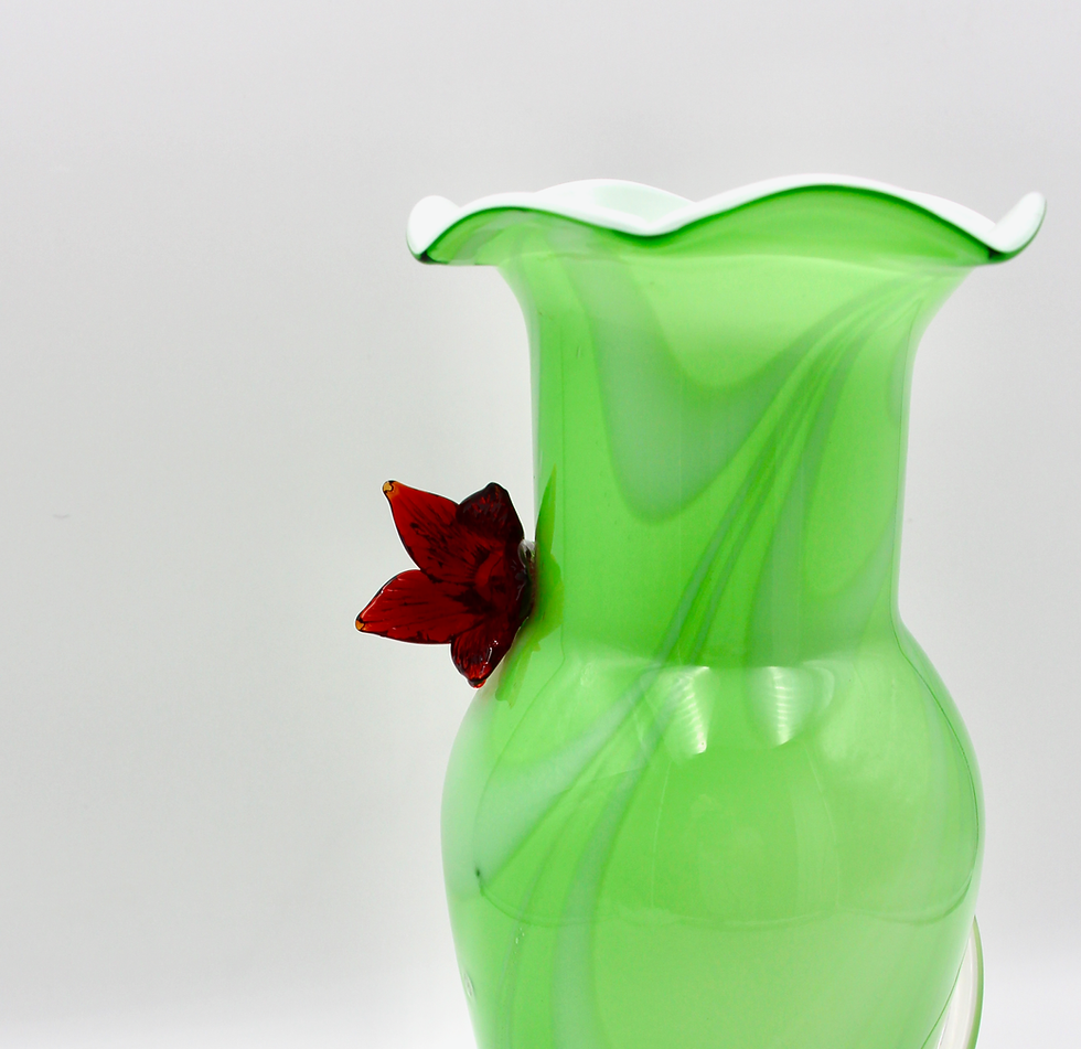 Thumbnail: Large Vintage Handblown Footed Art Glass Vase with Red Relief Flower