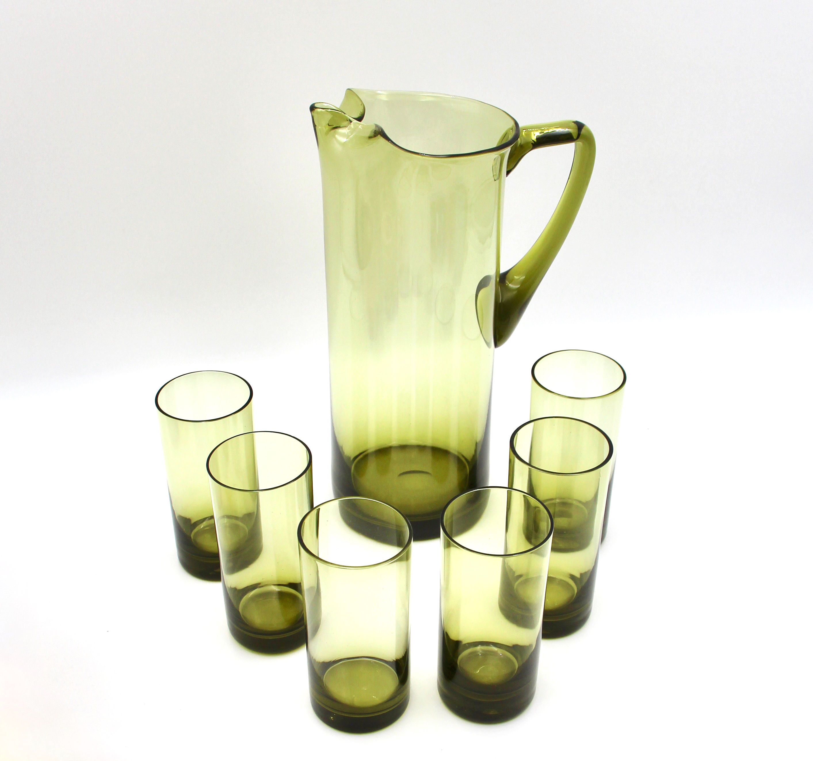 Vintage Handblown Smoky Green Drinks Set - Pitcher with 6 Matching Glasses