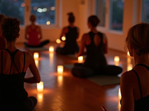 Yoga teacher training students seated in a candle-lit circle at Summer Healing Brunswick