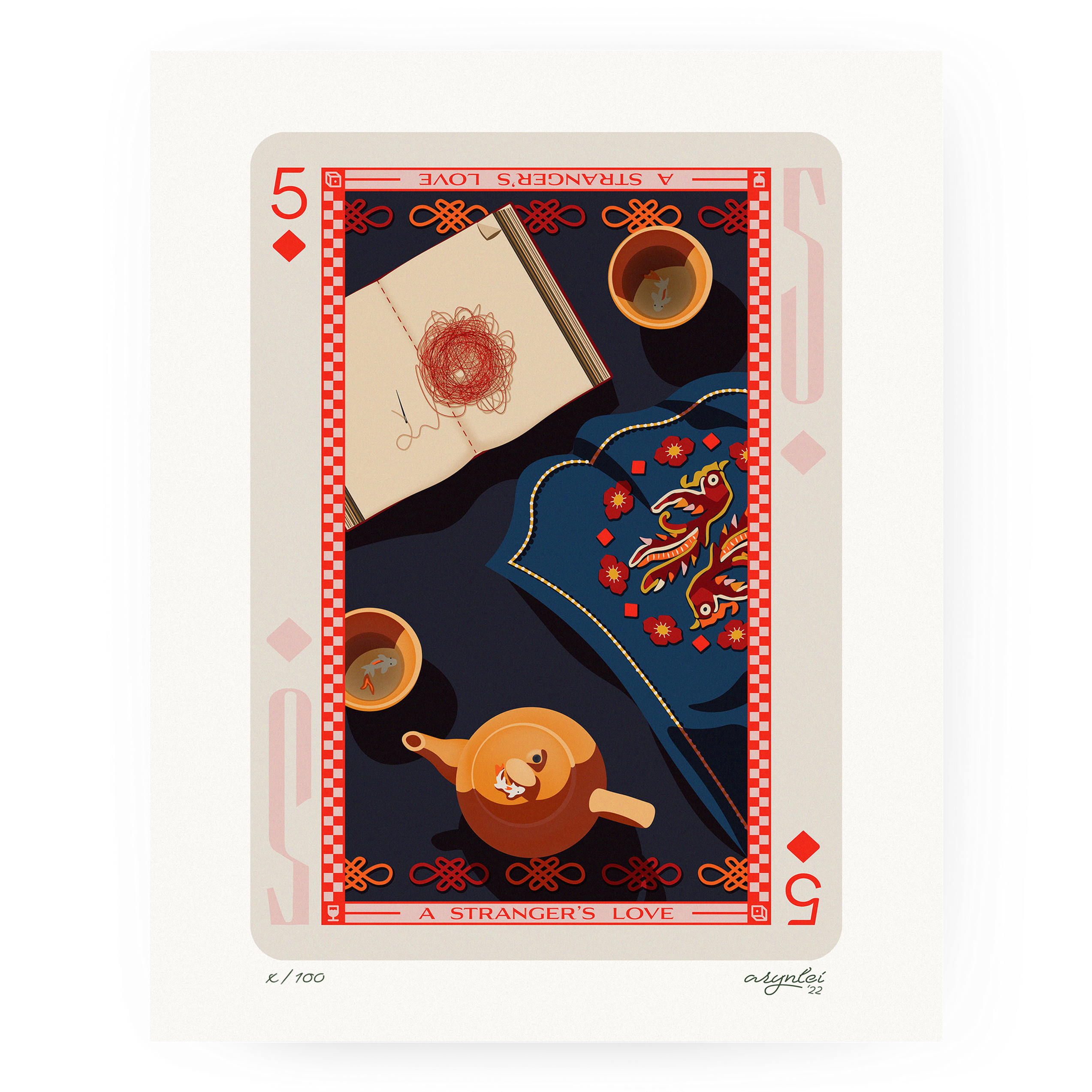 five of diamonds playing card art print depicting traditional chinese craft
