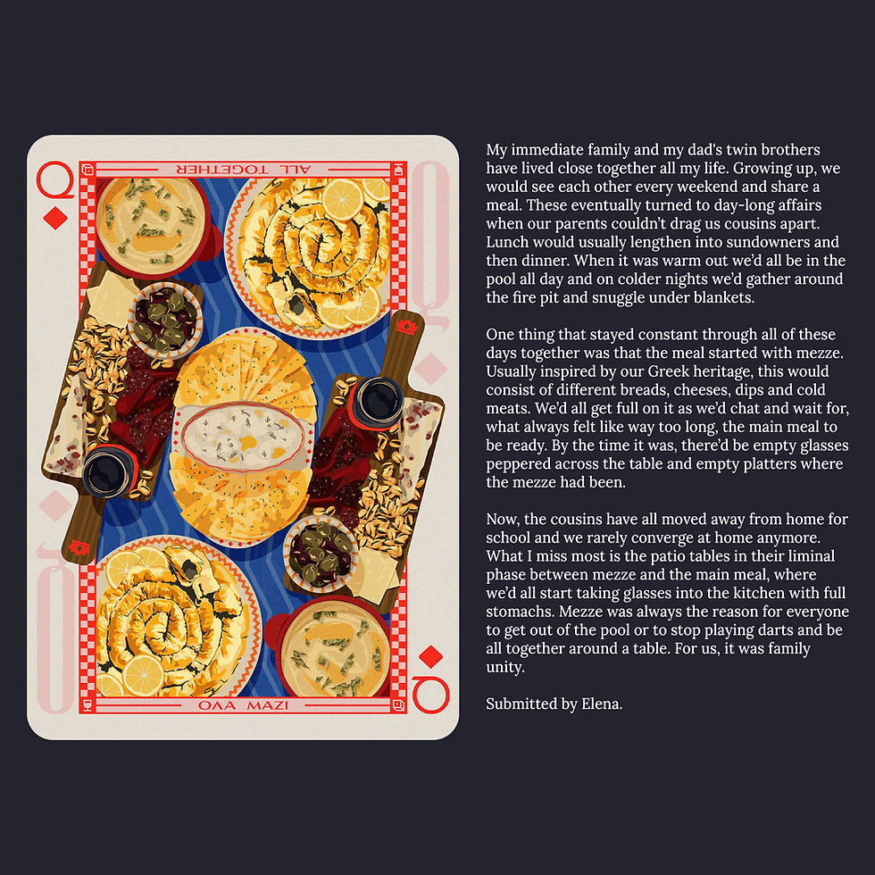 Thumbnail: queen of diamonds playing card design with story of greek american mezze