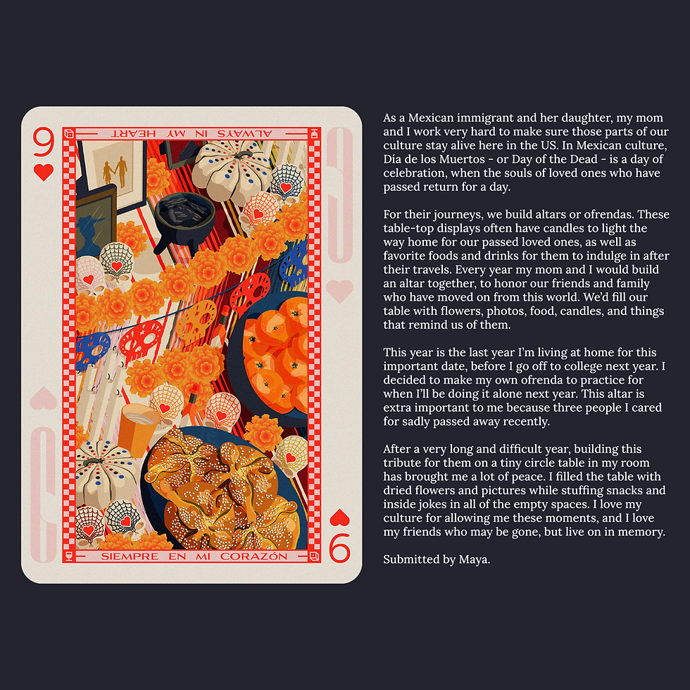 Thumbnail: nine of hearts playing card with story of mexican american tradition dia de los muertos