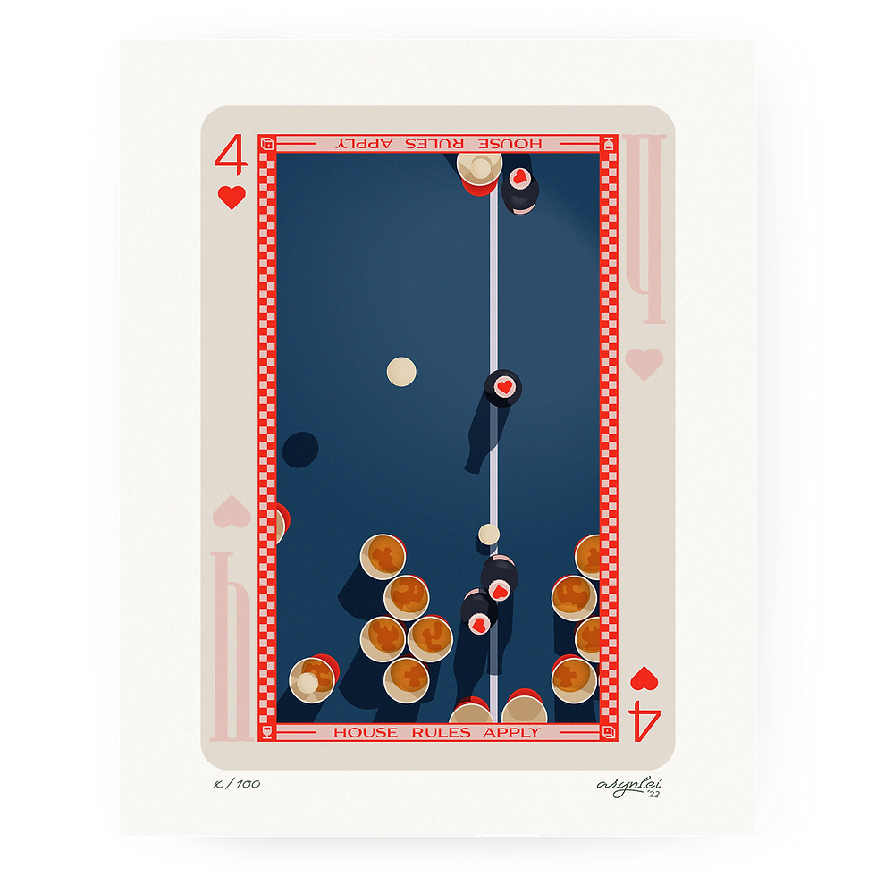 four of hearts playing card art print featuring beer pong illustration
