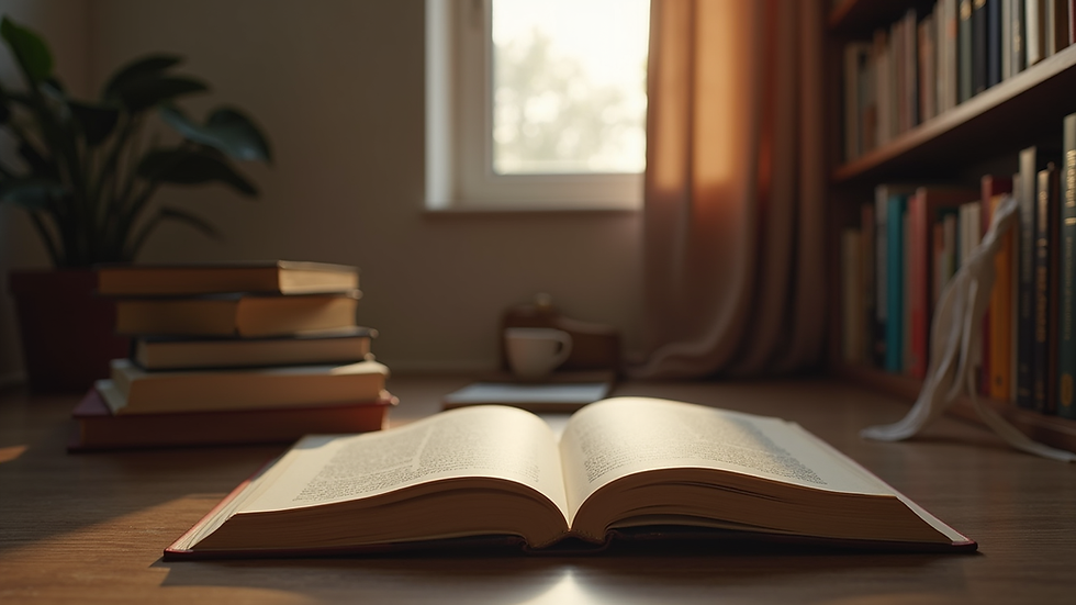 Eye-level view of a cozy reading nook with a stack of books