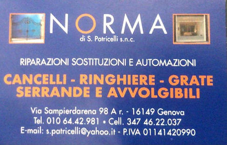 Norma snc operativa dal 2000 con sede in via Sampierdarena 98a/r (Genova Sampierdarena).
Si occupa di progettazione, forniture e pose in opera di cancelli, inferiate, ringhiere, scale, soppalchi, serrande ed arredamenti d'interni, il tutto coperto dal servizio di manutenzione. PREVENTIVI GRATUITI.