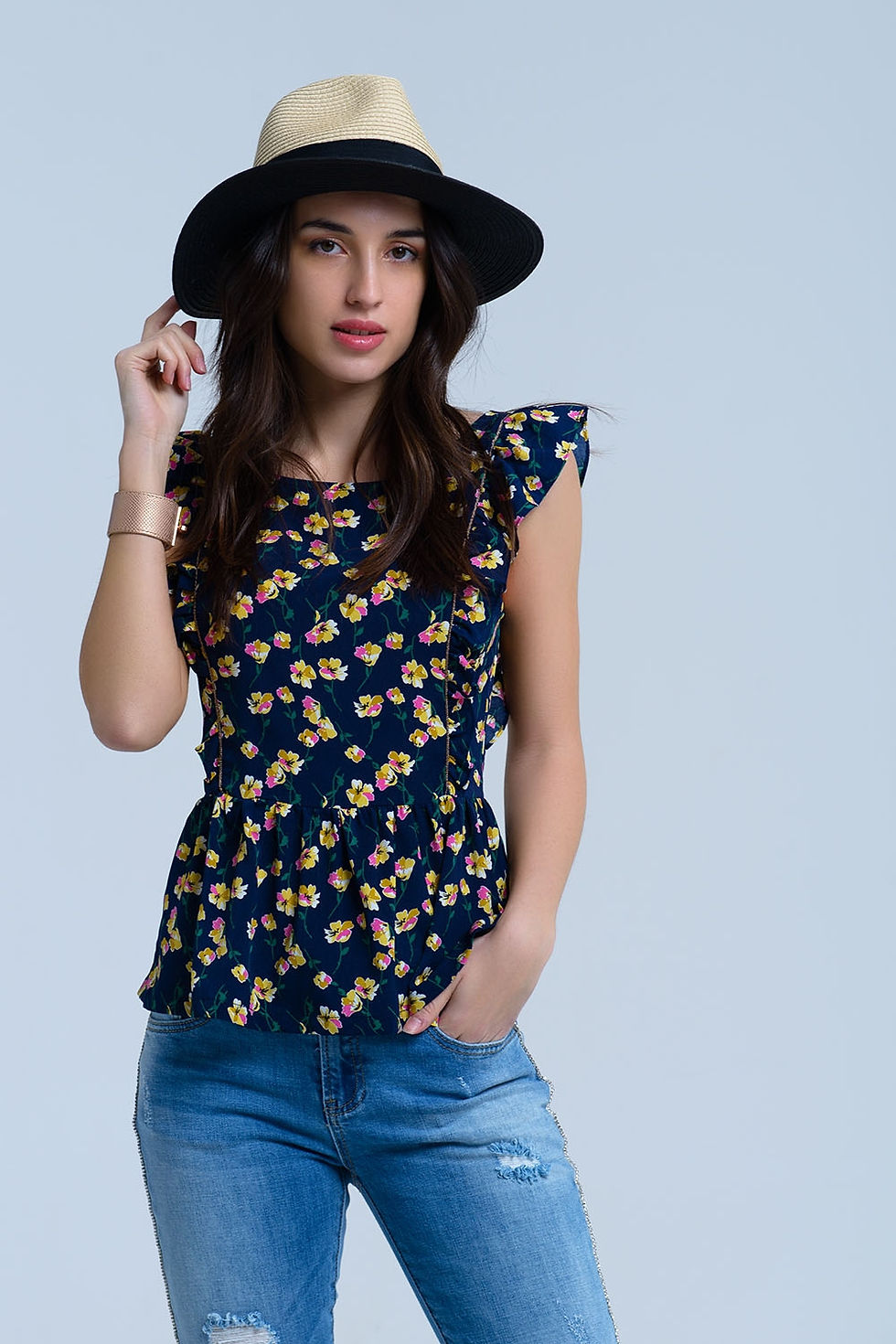 Miniaturbild: Navy Crossed Back Shirt With Ruffles
