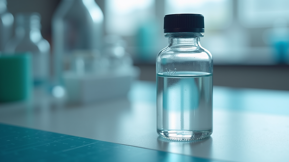 Close-up view of a sterile vial of BAC water on a laboratory bench