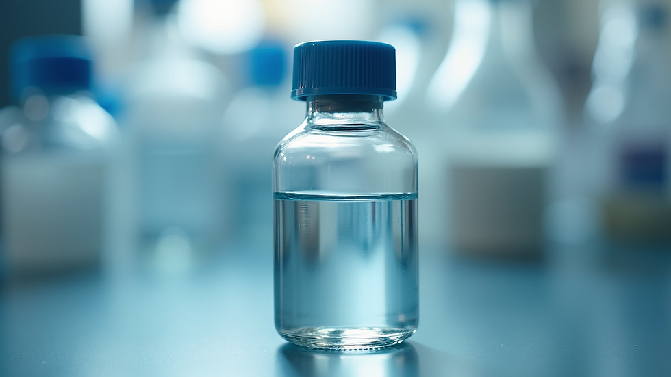 Close-up view of a sealed vial of bacteriostatic water on a laboratory bench