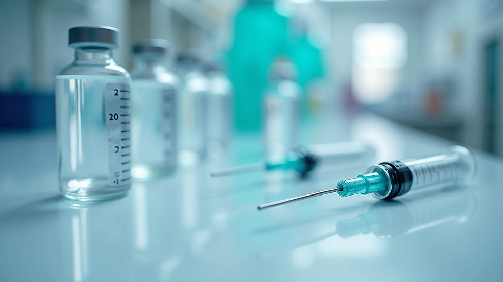 Eye-level view of sterile syringes and needles arranged on a clean laboratory surface