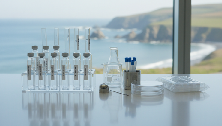 Close-up view of clear labelled research vials beside sterile mixing supplies on a clean ceramic surface